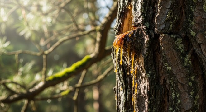 Pine Tree Resin Dripping, Amber Sap Hardening on Rough Bark in Sunlight, Forest Ecology Background