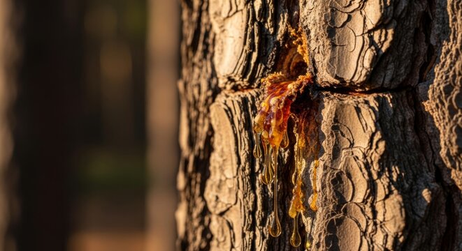 Pine Tree Resin Dripping Amber Sap on Bark Texture, Golden Hour Forest Light, Close-Up Nature Detail