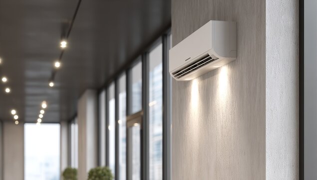 A modern white air conditioner unit is mounted on a textured concrete pillar within a sleek office hallway featuring large glass window panels