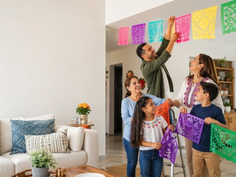 Hispanic family hanging papel picado decorations for Cinco de Mayo at home. Man, woman, grandmother, girl and boy preparing festive house decor. Joyful multi-generational family celebration concept