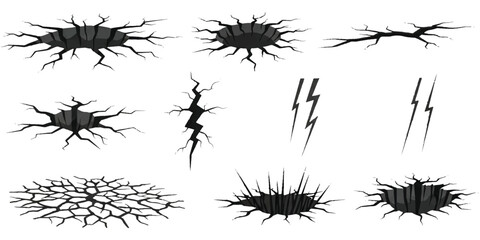 Set of black crack and hole designs with lightning strike icons for graphic design elements © vintage style