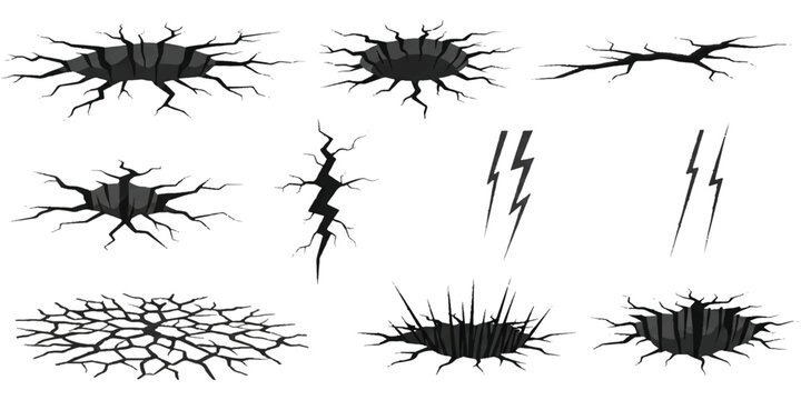 Set of black crack and hole designs with lightning strike icons for graphic design elements
