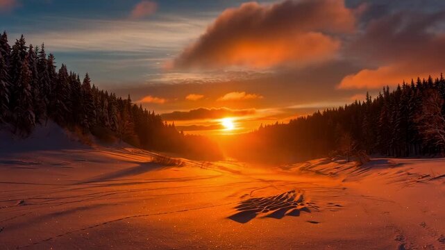 Time lapse static shot of snowy valley sun rising over forest clearing with warm light spreading across winter slopes at sunrise