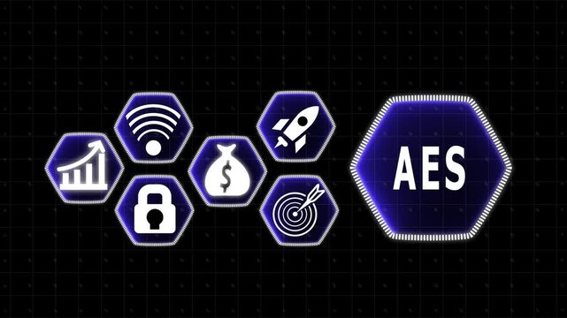 AES acronym in a large hexagonal frame with business strategy icons on a dark grid background Keywords: AES, acronym, business, strategy, icons, hexagonal, frames, dark, grid, background