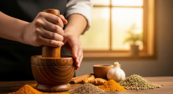 Hands grinding turmeric and cumin in wooden mortar, warm kitchen light, food preparation