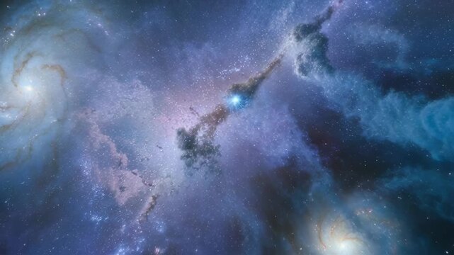 Zoom tracking shot of spiral galaxies and nebula clouds swirling toward viewer in deep outer space scene