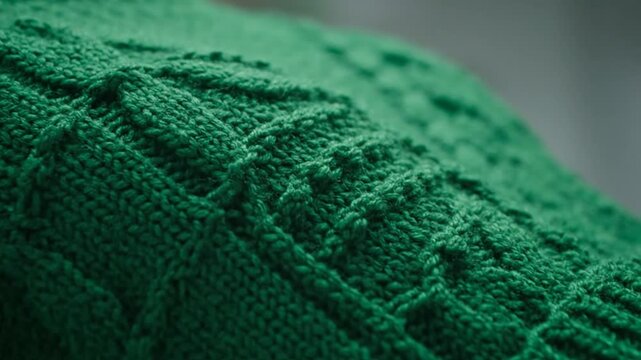 Close up view of the intricate details and texture of a handmade green knitted sweater