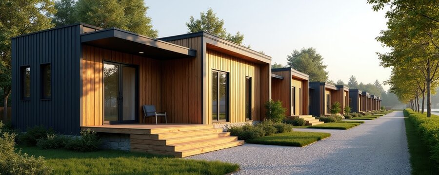 Modern modular homes built with wood and dark paneling. Buildings sit in a row on a grassy lot with trees lining a pathway. Minimalist design for future housing.