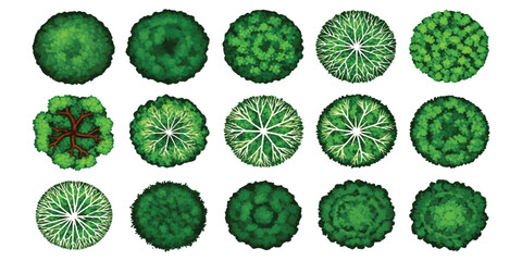 Set of fifteen green tree icons seen from above for architectural landscape design plans © vintage style