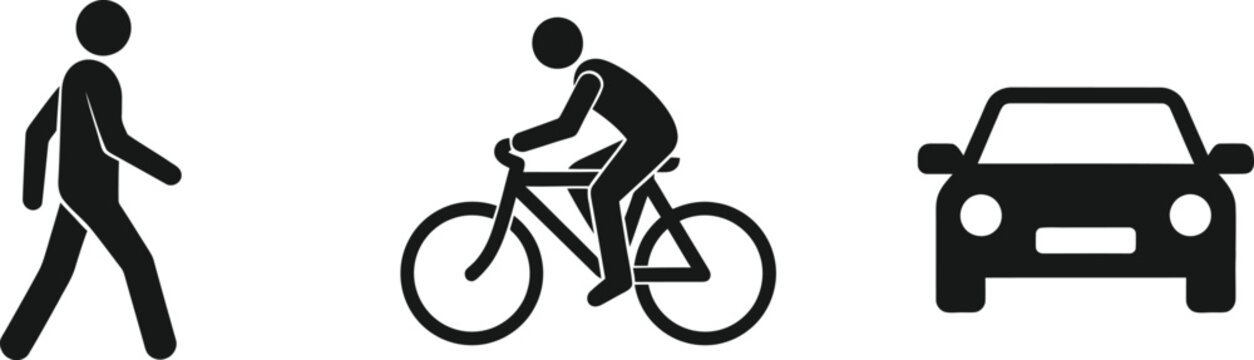 Transportation silhouette icons pedestrian cyclist and automobile pictograms
