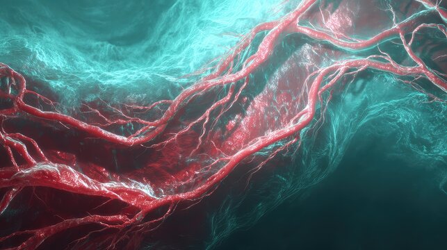 Microscopic view of vascular anatomy with interconnected blood vessels, arteries, and veins creating an intricate network, representing biology, medicine, and scientific research