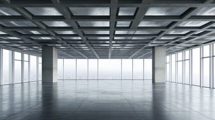 Obraz premium Large empty contemporary office space featuring a waffle slab concrete ceiling, concrete columns, and expansive windows offering a panoramic horizon cityscape