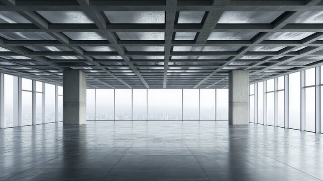 Large empty contemporary office space featuring a waffle slab concrete ceiling, concrete columns, and expansive windows offering a panoramic horizon cityscape