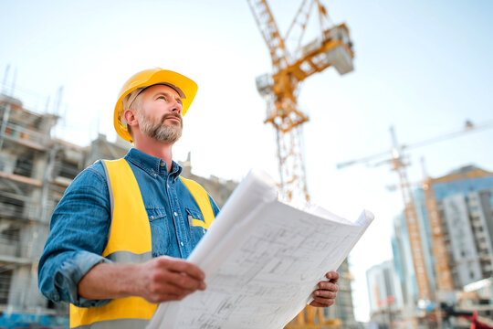 Una persona con casco amarillo y chaqueta de construcci&oacute;n gris amarillenta sostiene planos arquitect&oacute;nicos mientras observa un edificio de varios pisos en construcci&oacute;n, con dos grandes gr&uacute;as torre