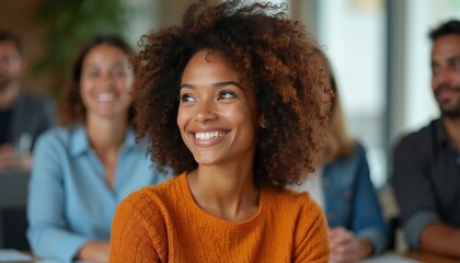 Fototapeta premium Young woman with curly hair in orange top smiles broadly. She listens attentively in a meeting or lecture with colleagues in blurred background. Diverse team at work.