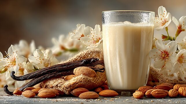 Healthy almond milk beverage with vanilla pod styling images