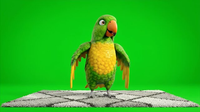 A Cute Green And Yellow Cartoon Parrot With Orange Beak Stands On A White Textured Rug Against A Vibrant Green Screen Background