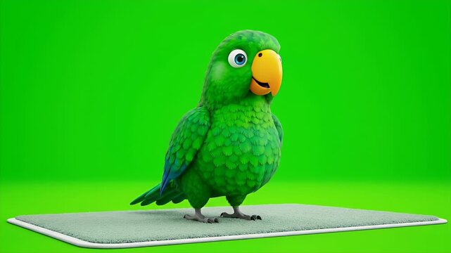 A Cute Green Cartoon Parrot Bird Stands on a Small Mat Against a Vibrant Green Screen Background Chroma Key Ready for Editing and