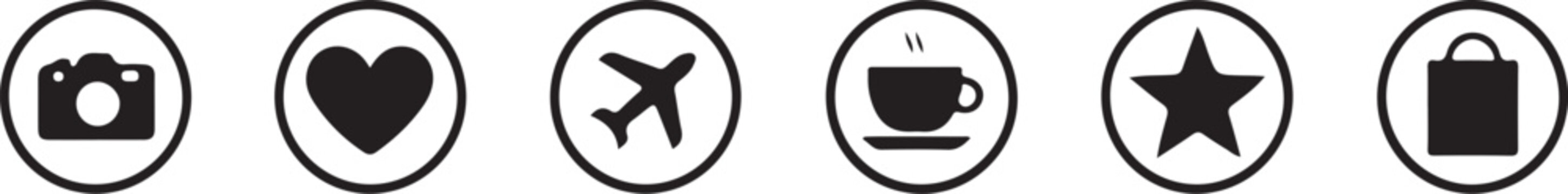 Vector icon set with camera heart airplane coffee star and shopping bag inside black circles on transparent background for web and app design.
