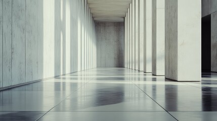 Naklejka premium Minimalist concrete hallway extending into the distance, revealing architectural grandeur with strong vertical pillars and dynamic light patterns casting shadows on the polished floor