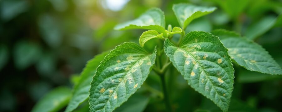 Green pepper leaves show yellow spots from sun damage. Young plants moved outside get sunburn. Healthy foliage needs protection and care. Growth affected.