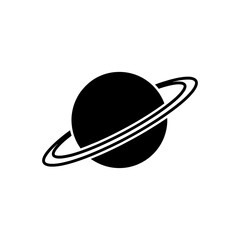 A striking black silhouette of saturn with prominent rings against a plain white background silhouette © MASUMA