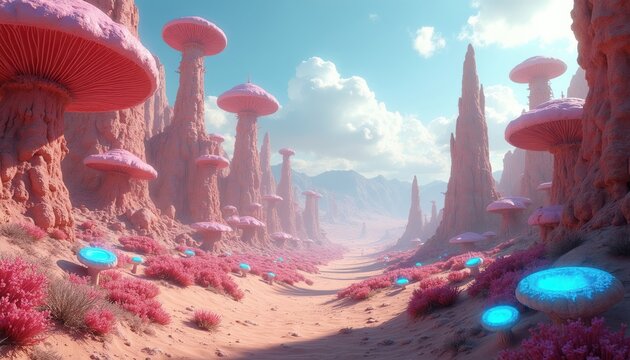 Pink mushroom forest on alien planet with glowing blue flora. Tall pink rock spires rise from sandy ground under bright sky. Otherworldly desert landscape with strange plants and fungi.