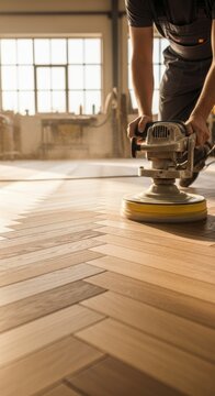 Woodworker polishes parquet floor with machine in bright workshop, highlighting craftsmanship and natural light.