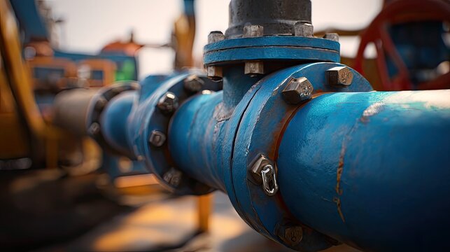 Blue industrial pipeline with valve flanges and bolts