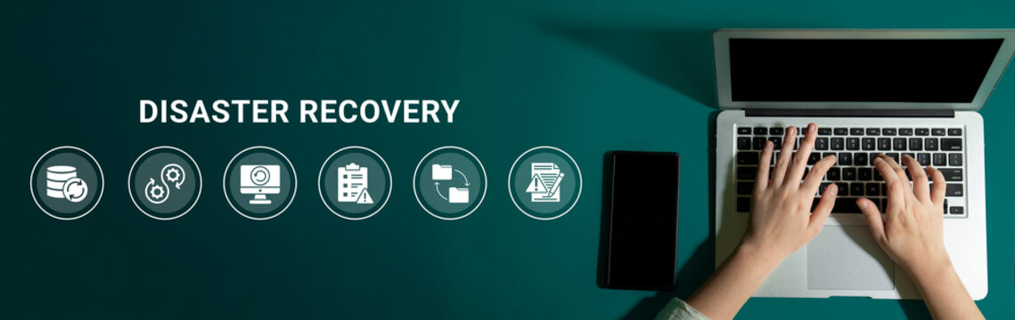 Hands typing on a laptop illustrate the crucial disaster recovery process, featuring related icons that emphasize data backup, security measures, and technology solutions. Ledger