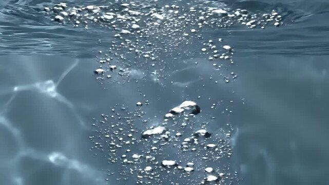 Bubbles Rising Through Clear Blue Water Underwater View.