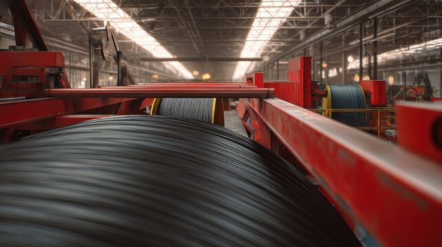 Industrial machinery is spooling steel wire onto large reels in a factory, highlighting the heavy industry process of cable manufacturing and metallurgy construction