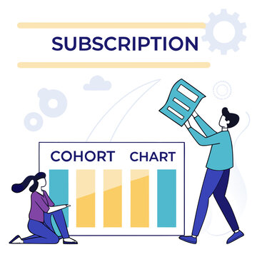 Subscription concept with people analyzing cohort chart and data analysis graph