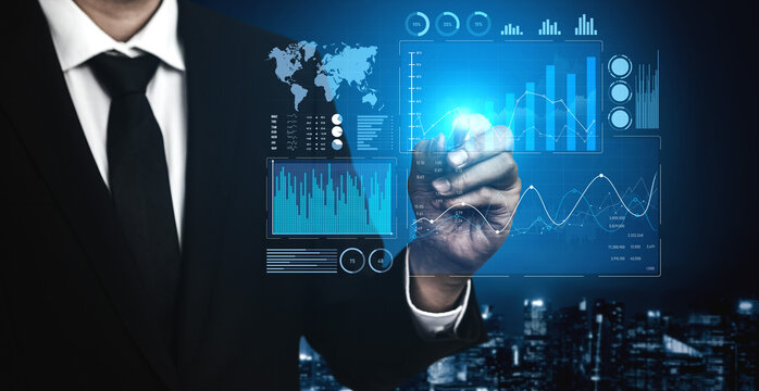 A business professional engages with interactive virtual data displays showcasing graphs and charts in a vibrant urban landscape, embodying modern technology. Scalp