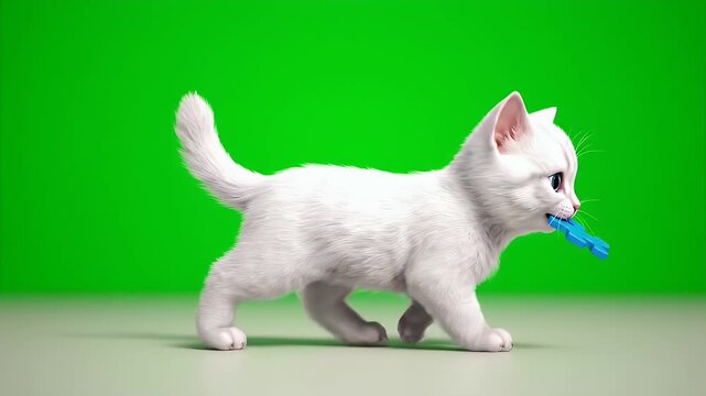 A Fluffy White Kitten with Blue Eyes Carries a Blue Toy Bone in its Mouth While Walking on a Light Green Surface Against a
