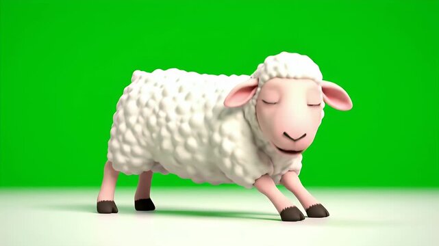 A Fluffy White Sheep Character with a Gentle Smile and Blue Eyes Standing on a Light Surface with a Vibrant Green Screen