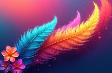 Naklejka premium Colorful feathers with flowers float on dark gradient background with glowing particles. Vibrant pink blue yellow orange gradients appear on plumage. Artistic motion design element.