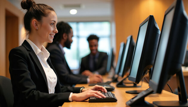 Woman in suit types on computer keyboard at desk. Colleagues work on computers in modern office. Business team collaborates in bright lobby.