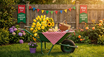 Happy Labour Day Celebration in Garden, Picnic Setup on Green Wheelbarrow with Spring Flowers, Sunflowers and Tulips, May 1st Festive Backyard Decoration