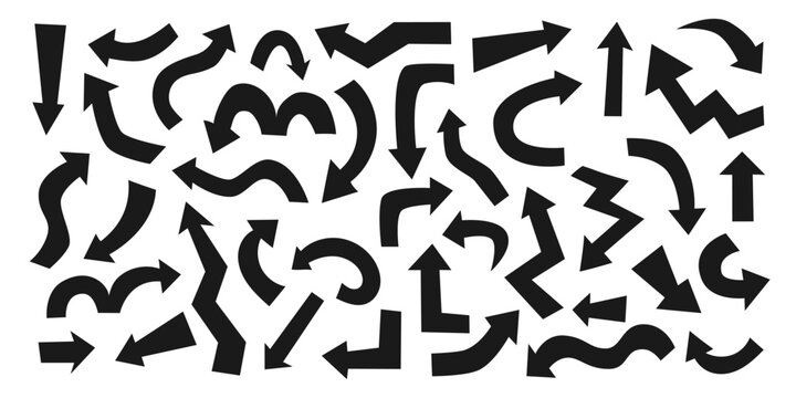 Bold black arrow bundle. Curved pointer icons collection. Playful direction symbols. Infographic ui navigation arrows set. Element for signage, mapping visual, education graphic, diagram, presentation