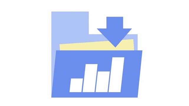 Blue folder icon with bar chart and downward arrow for data download symbol in a cartoon animation. Flat design of business analytics report and digital statistic file process in the alpha channel.