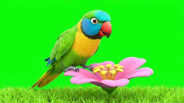 A Playful Colorful Cartoon Parrot Perched on a Vibrant Pink Flower Amidst Lush Green Grass Against a Bright Green Screen
