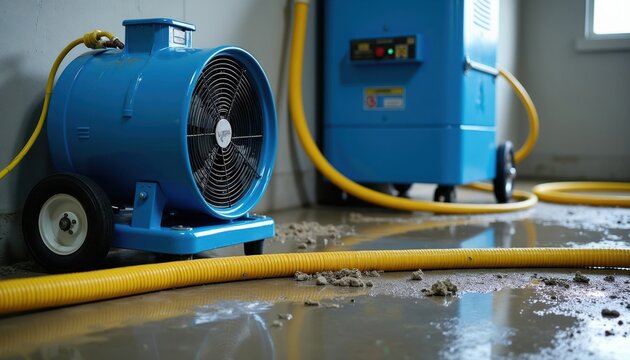 Blue industrial fan and dehumidifier dry wet concrete floor with yellow hoses. Water damage restoration equipment works indoors. Flood cleanup process active.