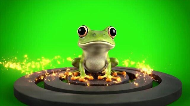 A Small Green Tree Frog Sits Centered on a Circular Platform Emitting Golden Sparkles Against a Vibrant Green Screen Background