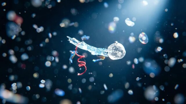 Microplastic Particles Drifting in Illuminated Blue Water, Environmental Pollution Macro