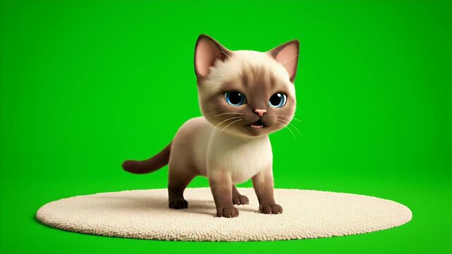 A Whimsical 3D Render of a Cute Siamese Kitten with Big Blue Eyes Standing on a Cream Fluffy Rug Against a Vibrant Green Screen