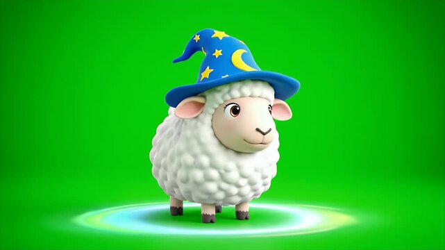 A Whimsical 3D Render of a Fluffy White Sheep Wearing a Blue Wizard Hat Adorned with Yellow Stars and a Crescent Moon Standing on