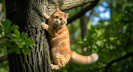 Orange tabby cat climbing tree, feline in forest, climbing pet, orange kitty outdoors