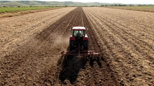 Red tractor plowing a large field of dry soil with a disc harrow on a sunny day