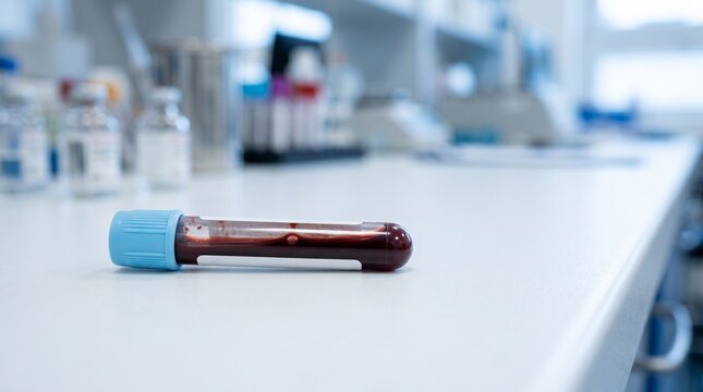 Close up blood sample tube on clinical surface with soft laboratory lighting